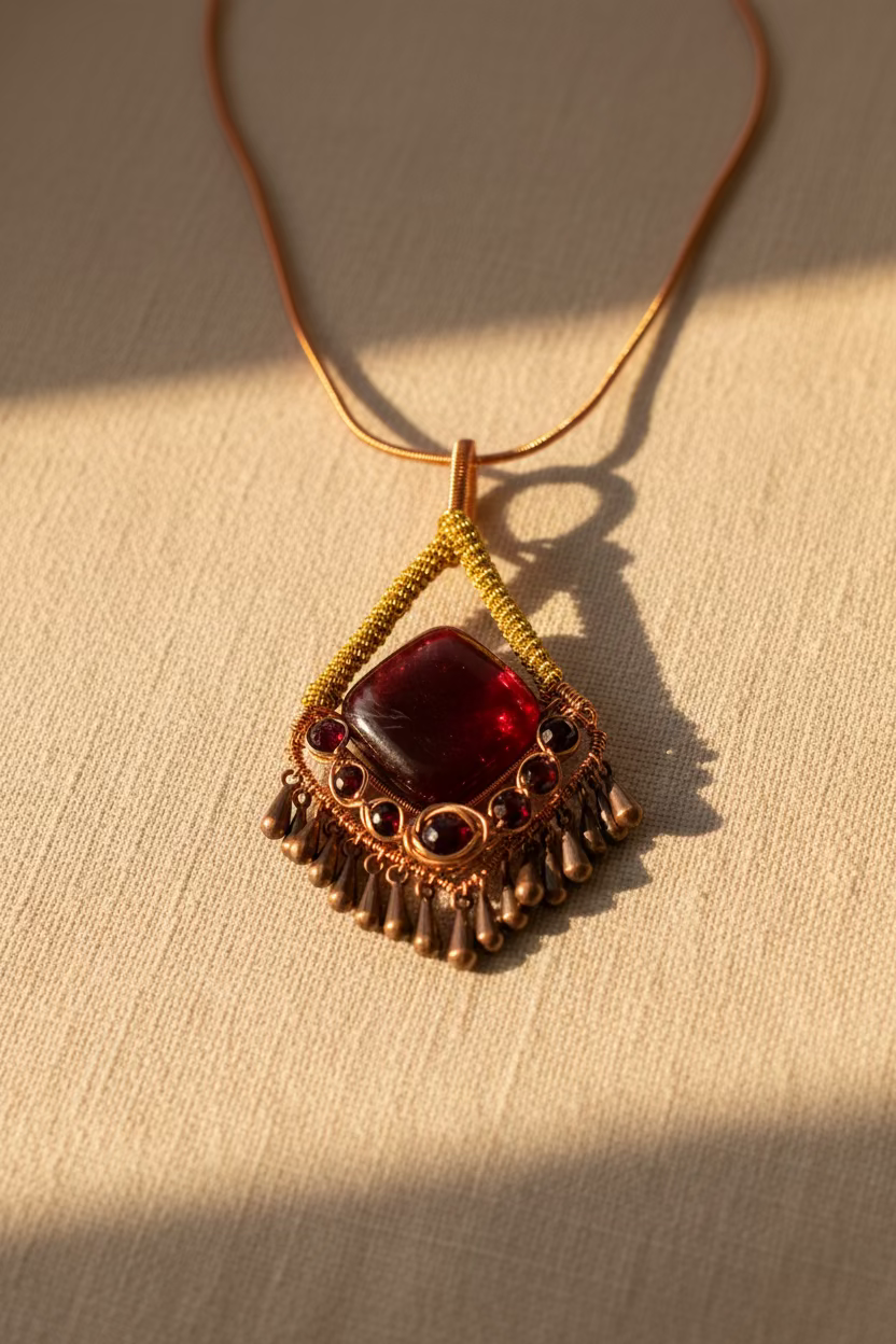  Red garnet pendant against a plain background