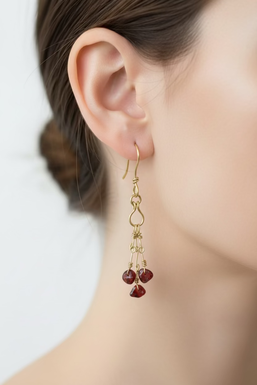 Copper and red jasper earrings worn by a person on a plain background