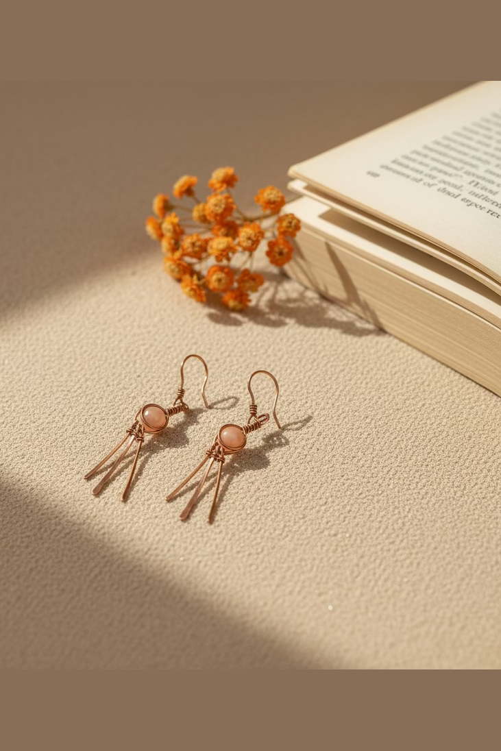 Natural red line jasper stone set in copper wire wrapped earrings, artisan handmade design