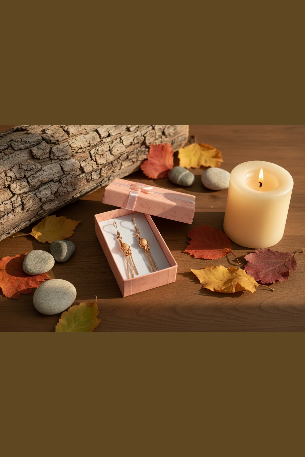 Red jasper copper wire earrings in gift box with candle and autumn decor, handmade jewelry gift idea
