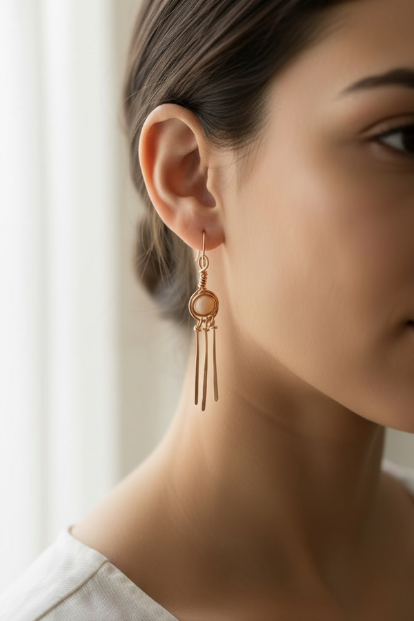 Red line jasper copper wire wrapped dangle earrings worn by model, lightweight handmade jewelry