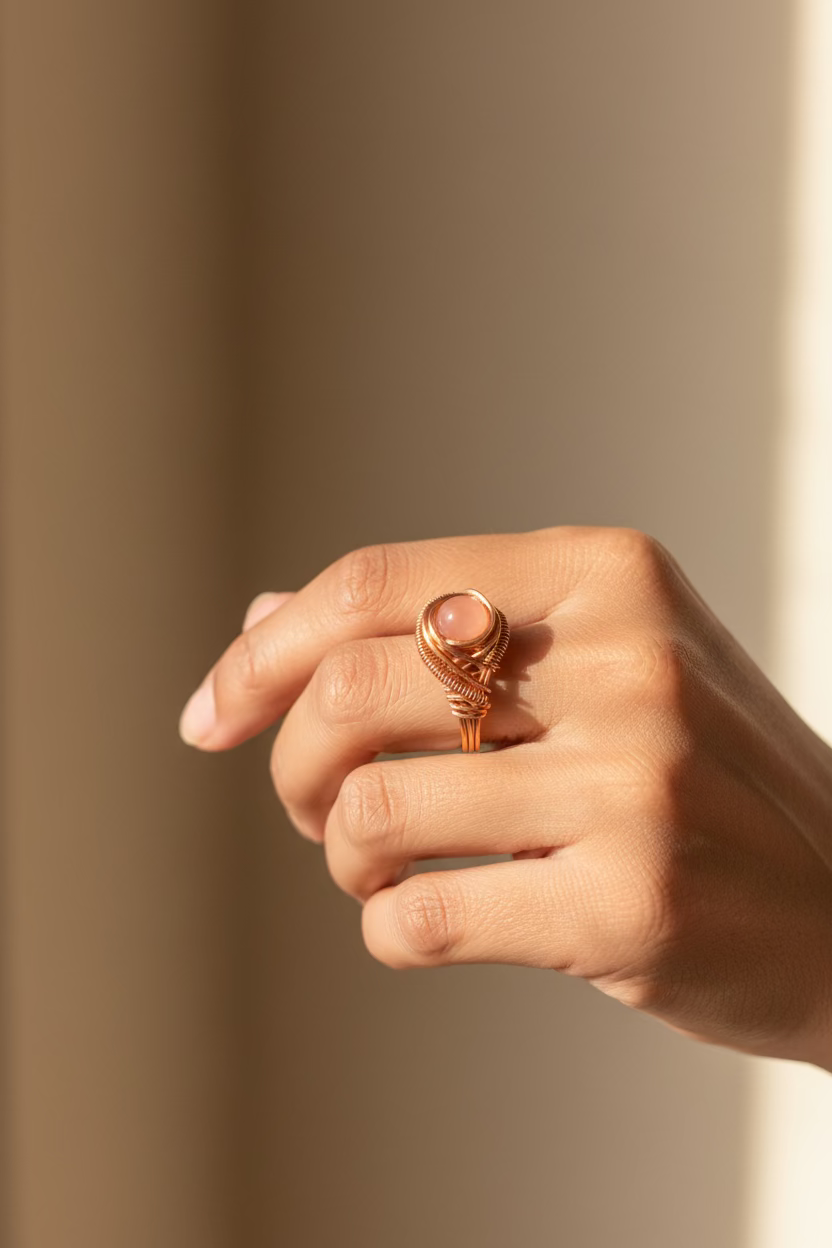 Rosefire copper ring on finger showcasing gemstone detail