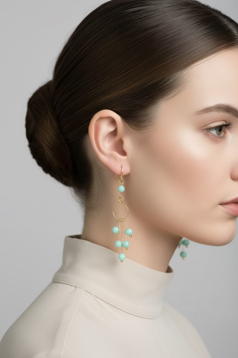 Model wearing Seafoam Serenade handmade Amazonite earrings in golden-toned copper with cascading gemstone dangles.