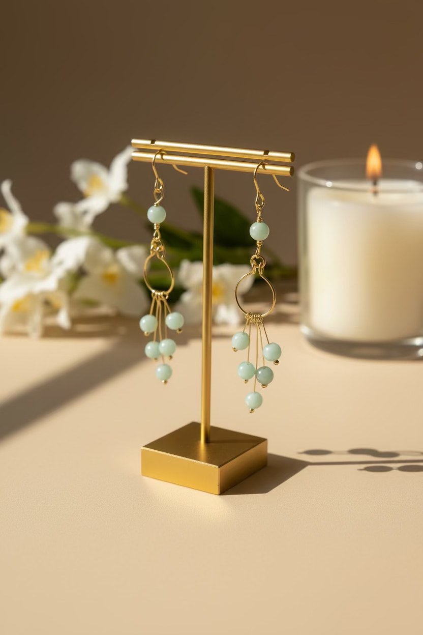 Close-up of Seafoam Serenade handmade Amazonite earrings featuring genuine Amazonite gemstones and handcrafted golden-toned copper wire.