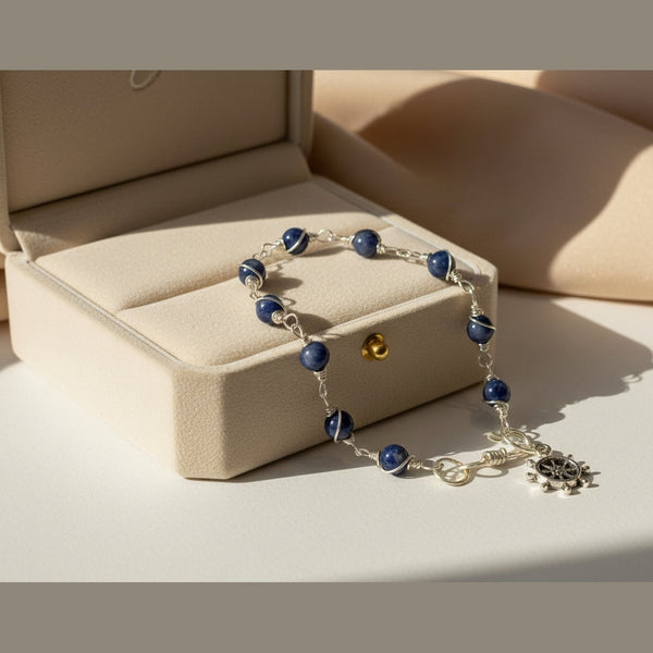 Blue jasper and sterling silver nautical wheel bracelet – handmade gemstone jewelry
