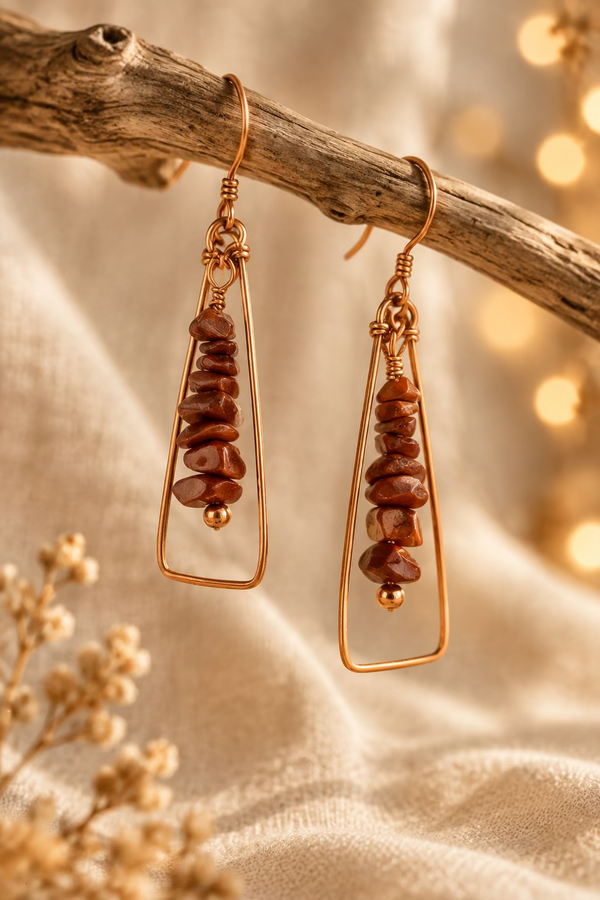 Pair of Terra Alchemy elongated copper earrings with natural stone accents