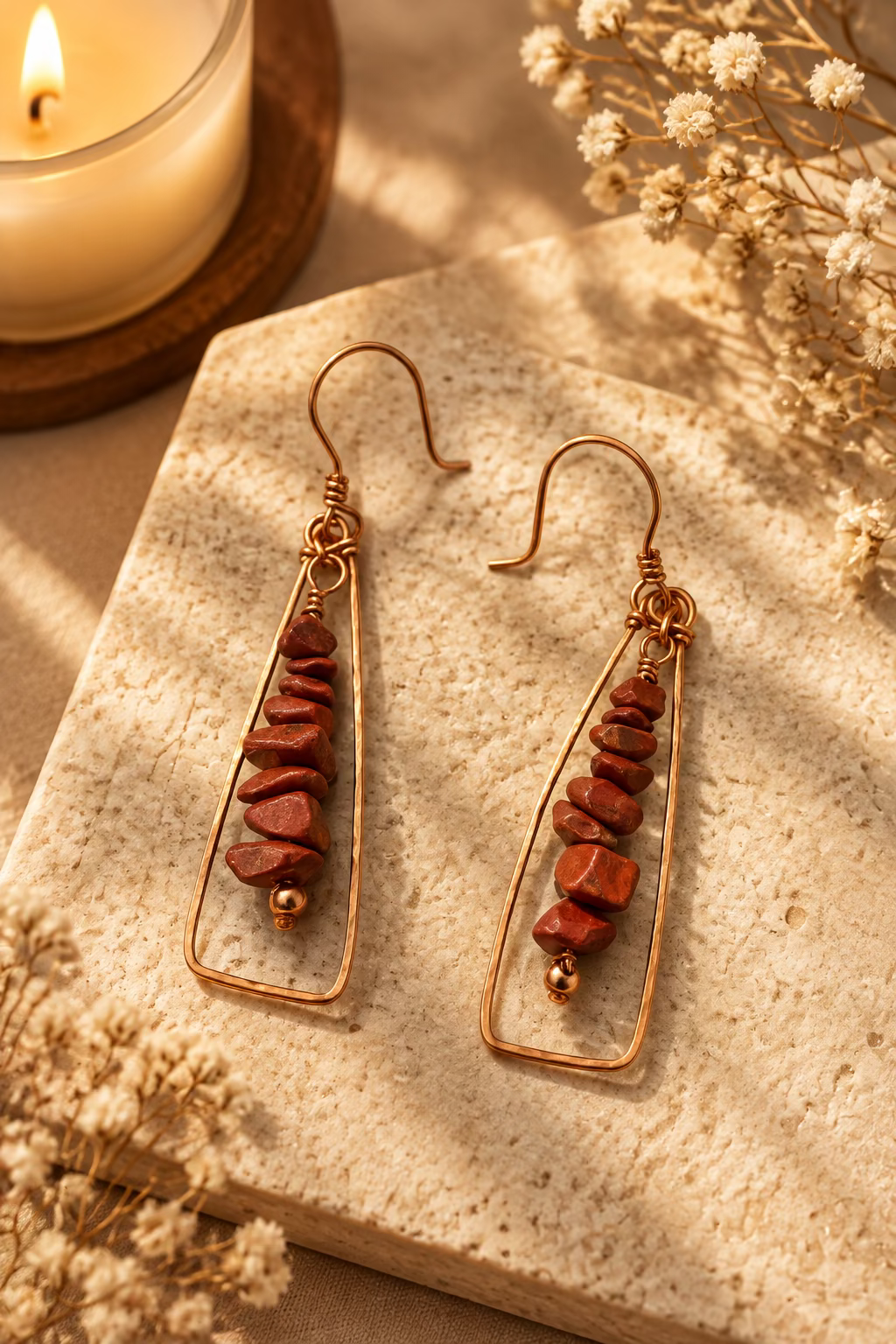 Pair of Terra Alchemy elongated copper earrings with natural stone accents