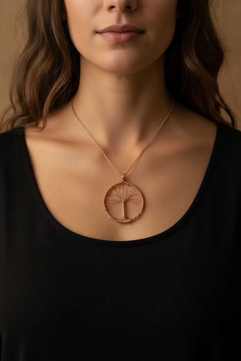 Rose gold tree-shaped pendant necklace model wear