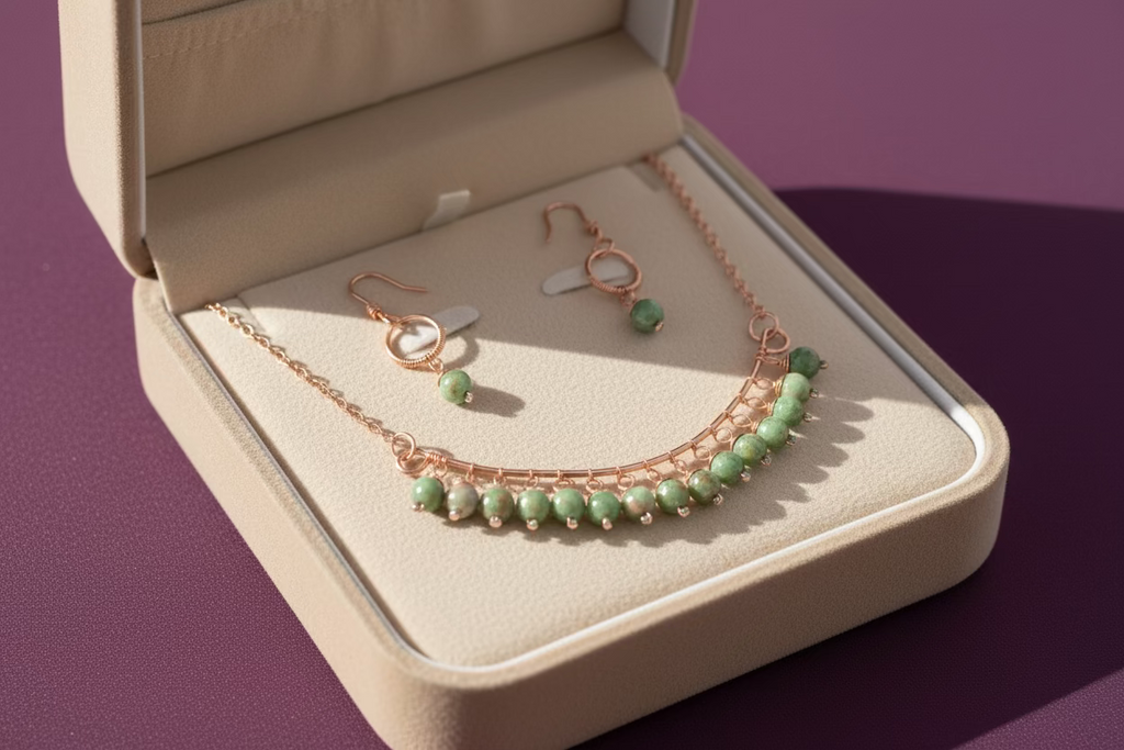 Unakite Stone Jewelry Set – Handmade Copper Wire Necklace & Earrings | Healing Gemstone Jewelry | Gift for Her