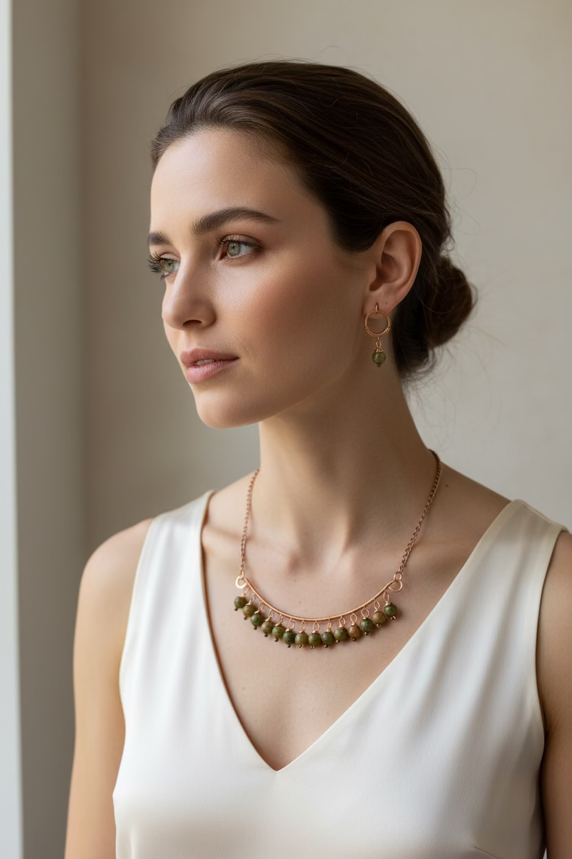 Unakite Stone Jewelry Set – Handmade Copper Wire Necklace & Earrings | Healing Gemstone Jewelry | Gift for Her