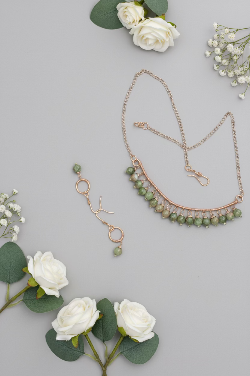 Unakite Stone Jewelry Set – Handmade Copper Wire Necklace & Earrings | Healing Gemstone Jewelry | Gift for Her