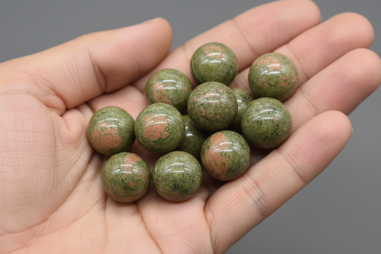 Hand holding unakite stones