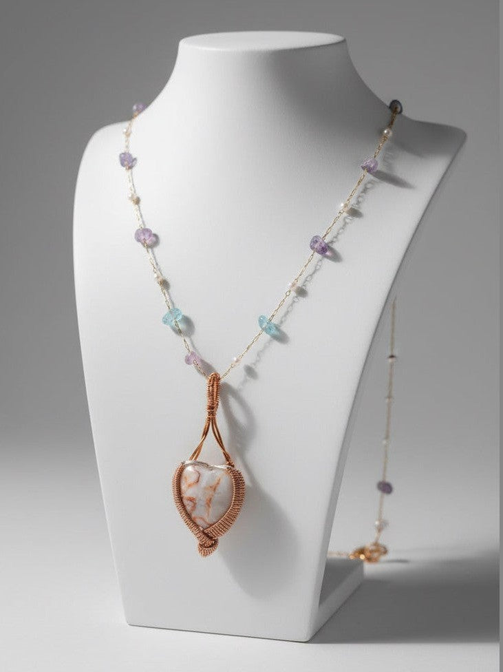 Heart-Shaped Natural Rock Pendant – Copper Wire Wrapped (2")