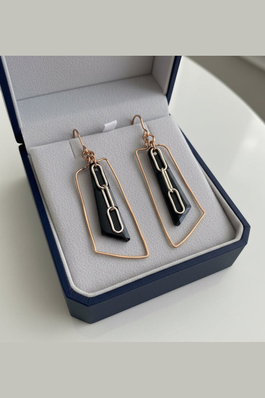 Black Resin and Copper Wire Geometric Drop Earrings – Modern Handmade Statement Jewelry