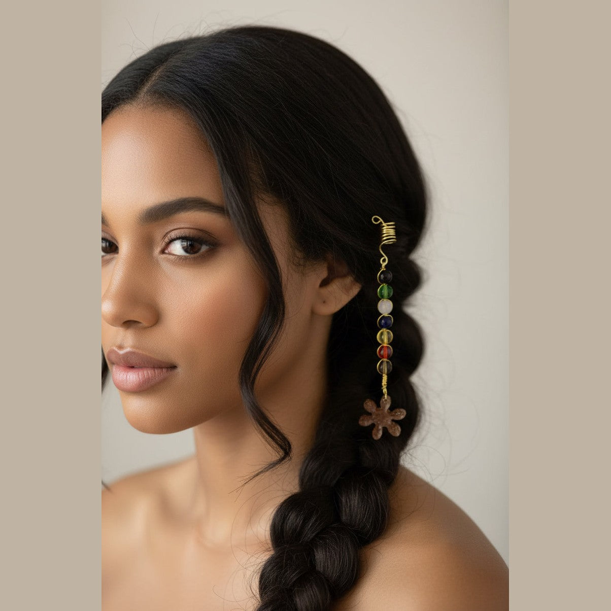 Multicolor Glass Bead Hair Charm – Gold Tone Copper Wire Wrapped Braid Accessory with Floral charm