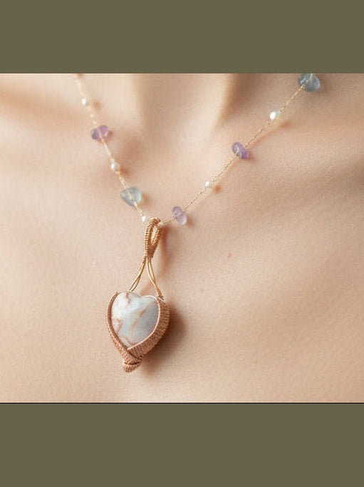 Heart-Shaped Natural Rock Pendant – Copper Wire Wrapped (2")