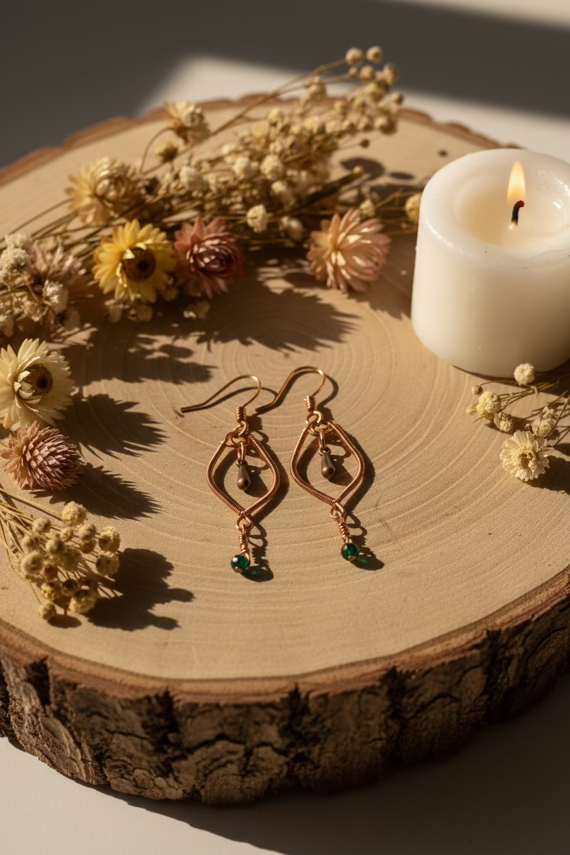 Handcrafted malachite copper earrings styled on a rustic wood display.