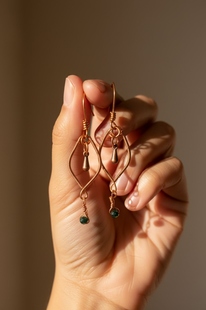 Close-up of handmade copper earrings with faceted malachite details.