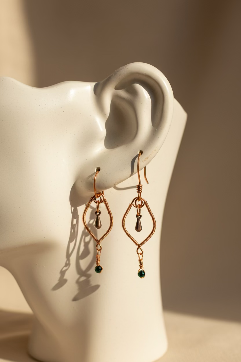 Verdant Whisper artisan copper earrings with faceted malachite stones displayed on a mold