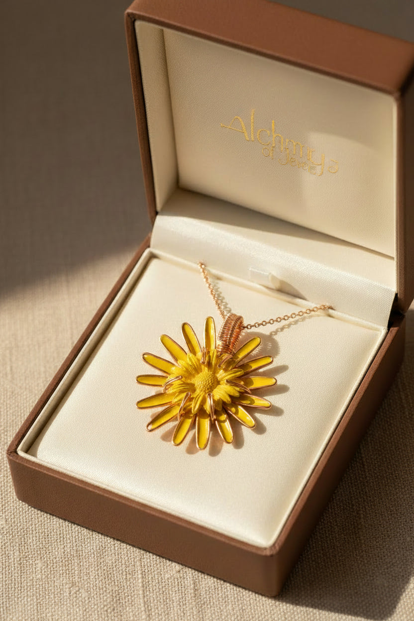 Necklace with a yellow flower pendant in a gift box on beige background