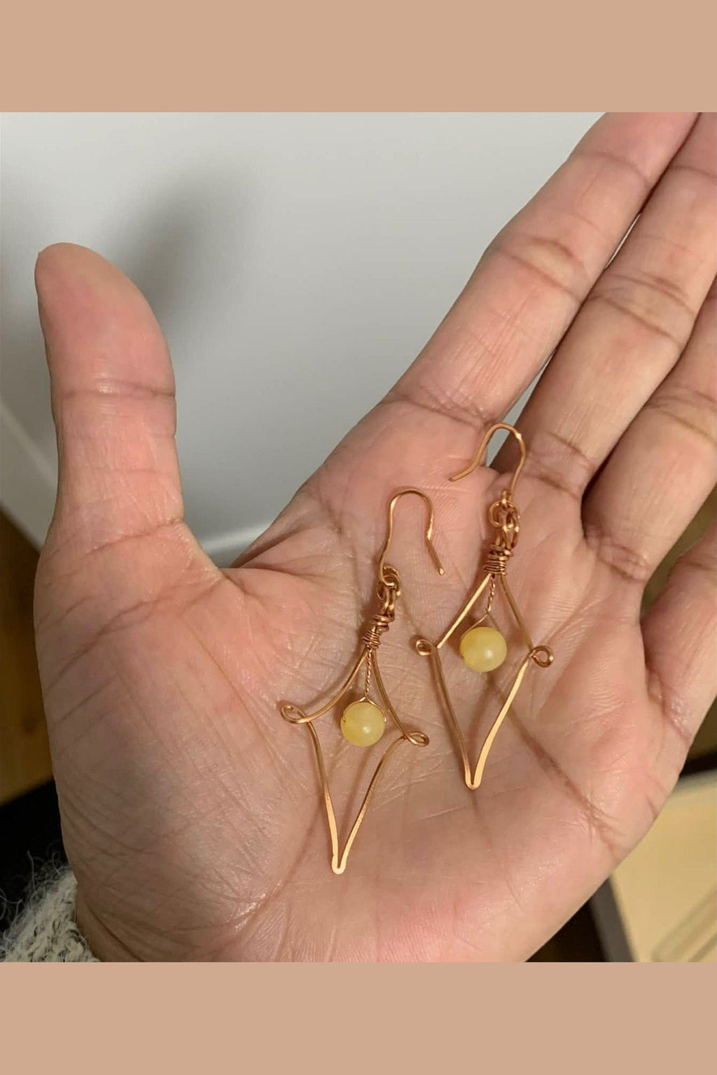Handcrafted Copper & Yellow Jade Wire Wrapped Earrings