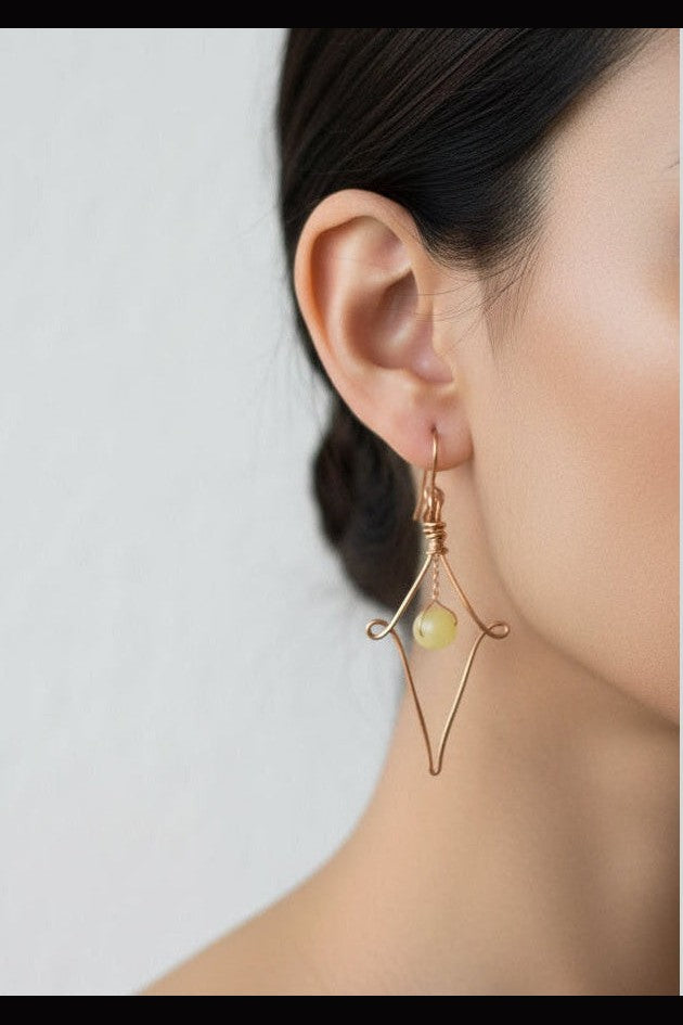 Handcrafted Copper & Yellow Jade Wire Wrapped Earrings