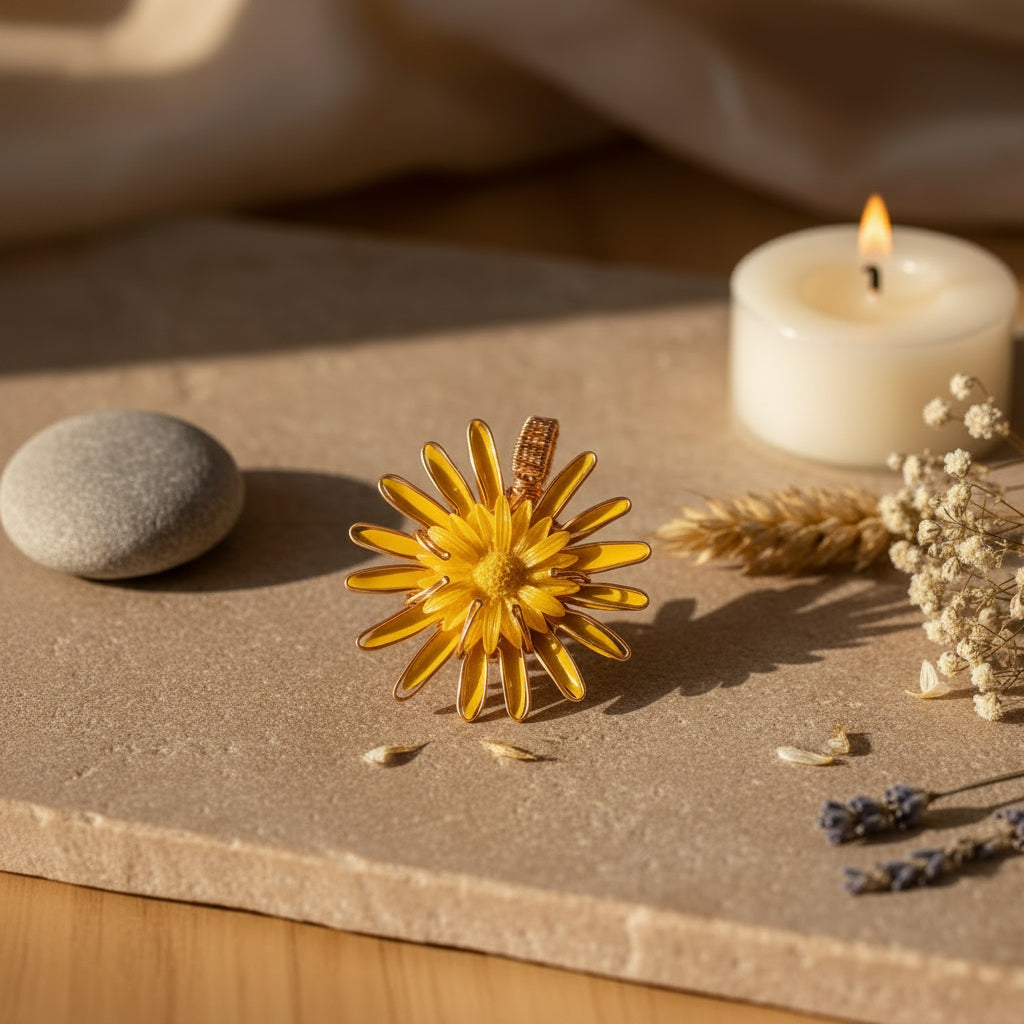 Yellow flower-shaped pendant on surface