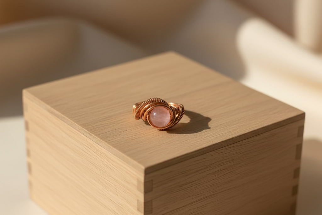 Blush Pink Quartz Wire Wrapped Ring – Handcrafted Copper Statement Ring