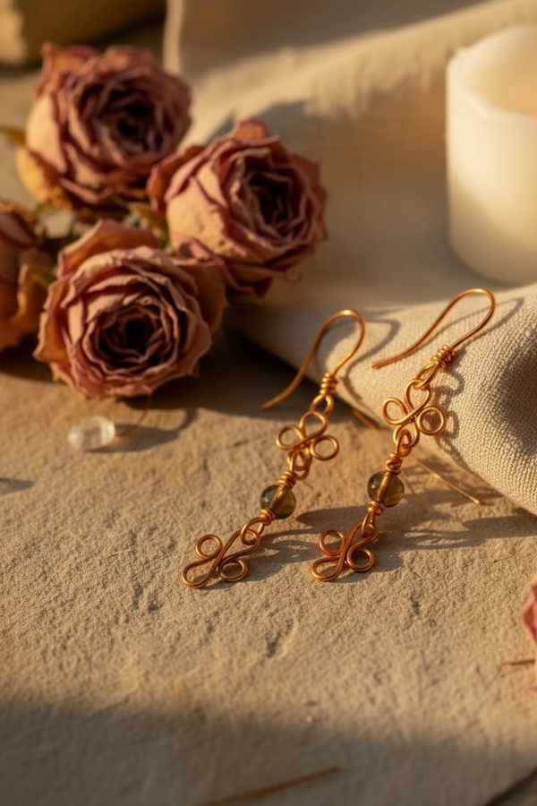 clover-whisper-earrings on a textured surface with dried roses and a candle