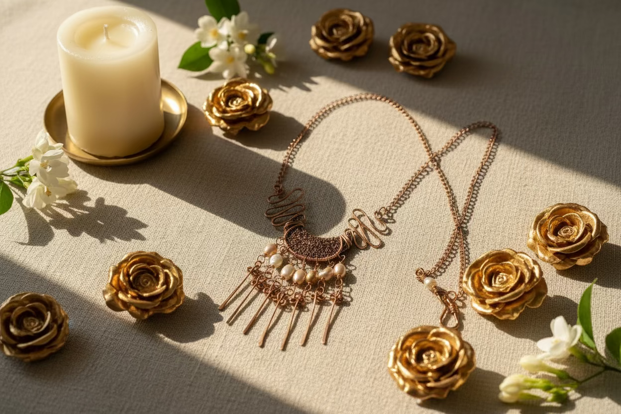 Handmade Copper Statement Necklace with Pearls – Boho Wire-Wrapped Fringe Jewelry