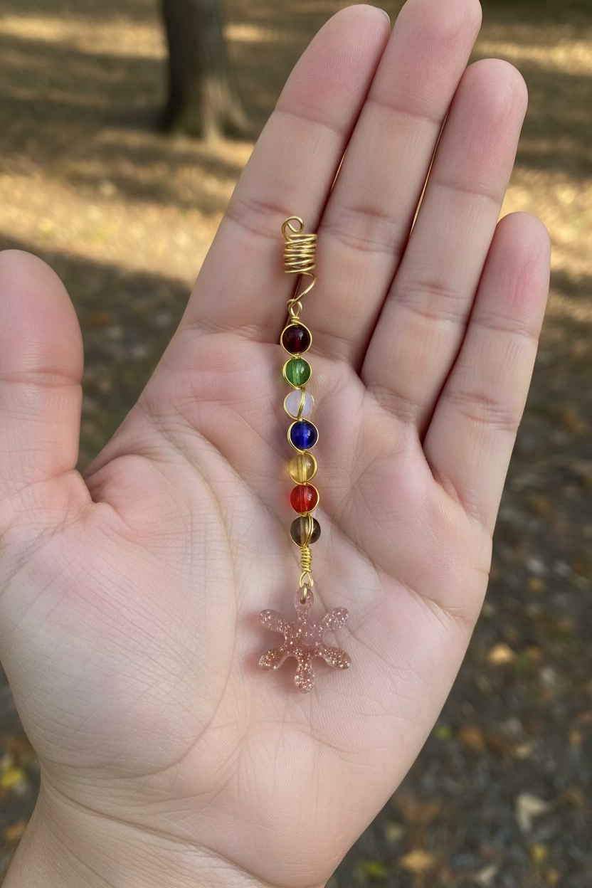 Multicolor Glass Bead Hair Charm – Gold Tone Copper Wire Wrapped Braid Accessory with Floral charm
