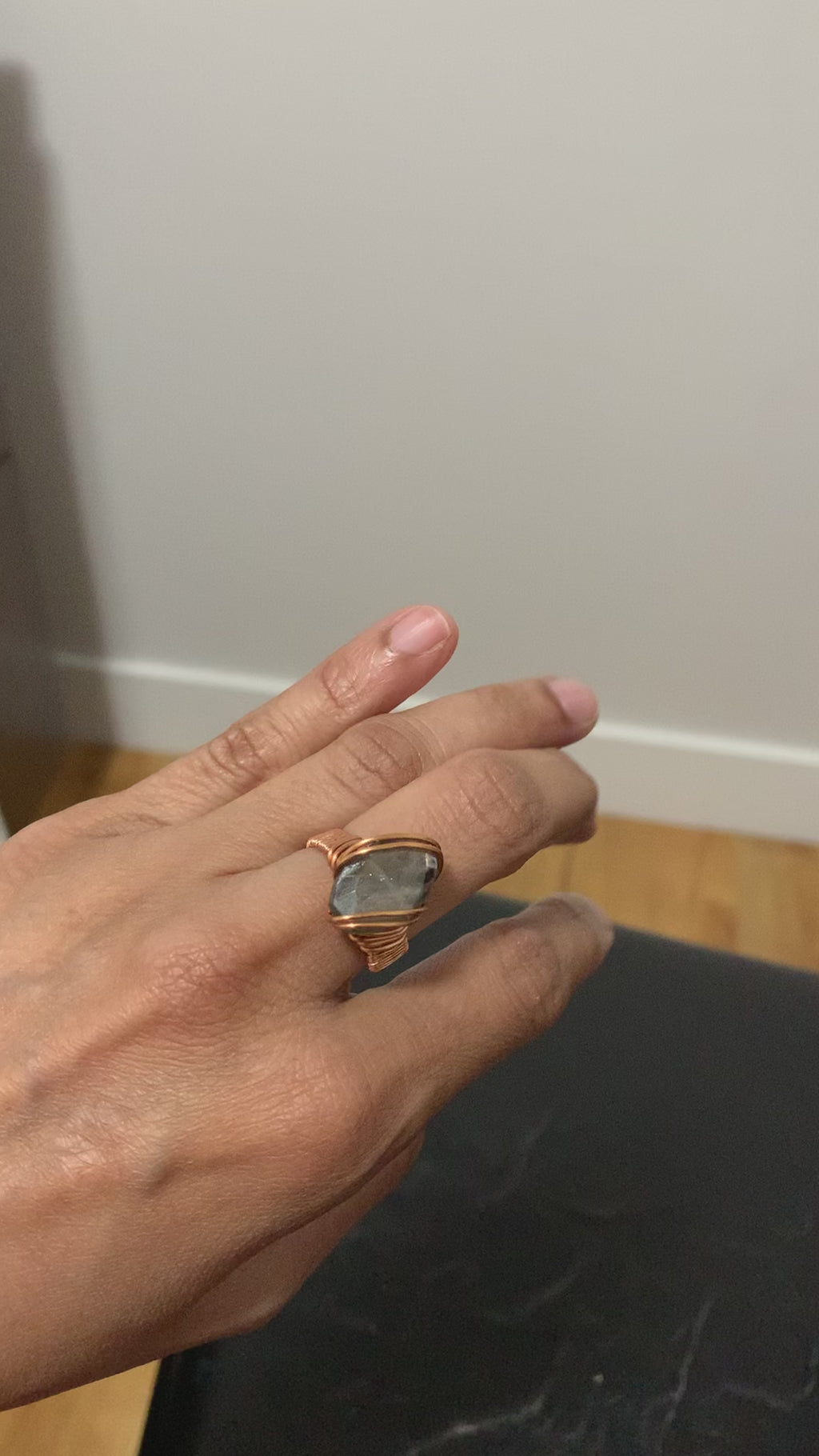 Video showing charming labradorite ring and copper weaving band
